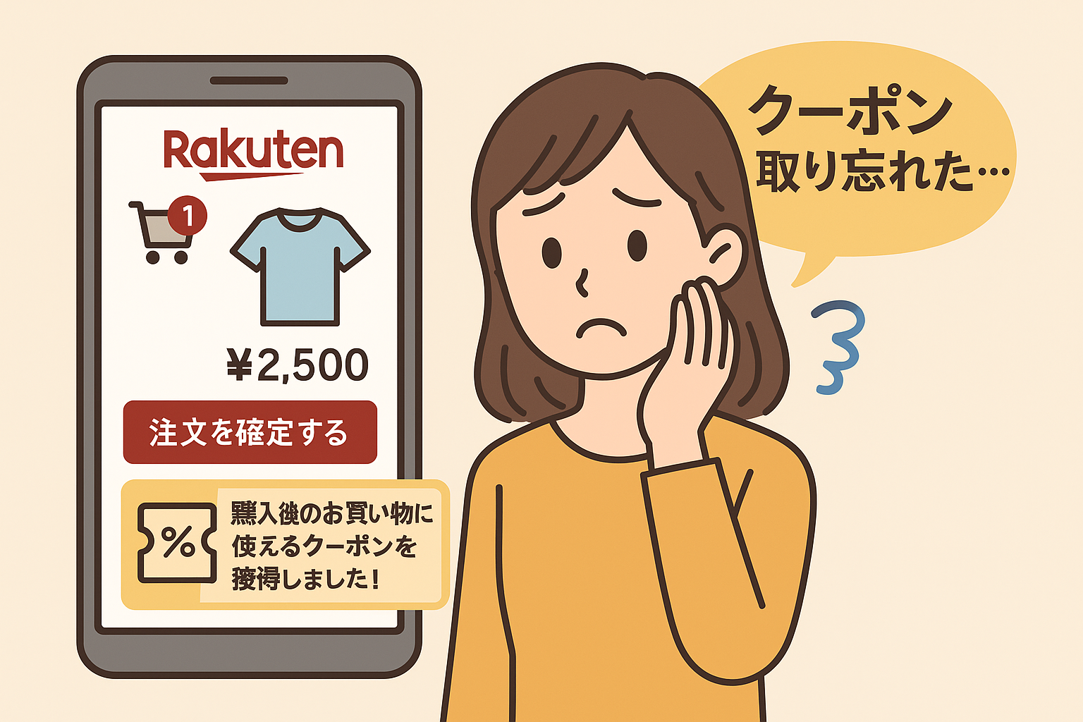 楽天の購入画面と、クーポンを使い忘れた女性のイラスト